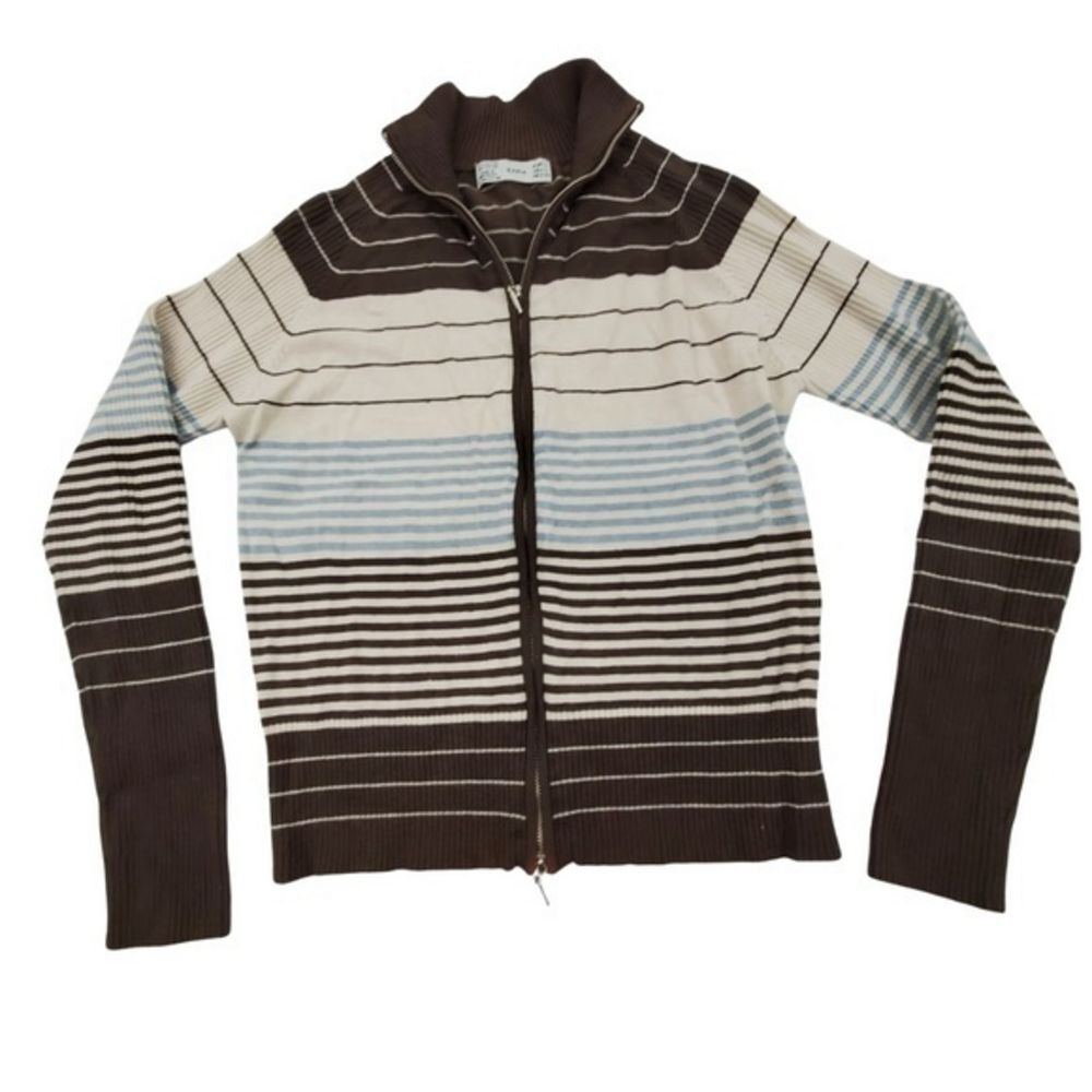 Zara Sweater L Full Zip Brown Stripe Jacket White Blue Knit Light Academia